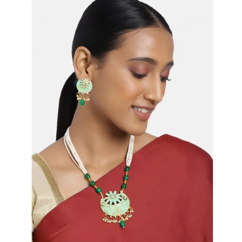 Generic Women's Rose Gold Plated Alloy Necklace & Earings Set (Green)