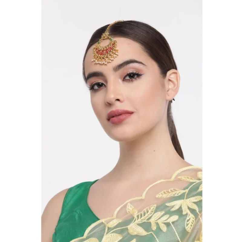 53534546850_977c1481a2_o_d-1000x1000-1.webp Generic Women's Rose Gold Plated Alloy Kundan Earrings & Mangtikka (Red & Green)