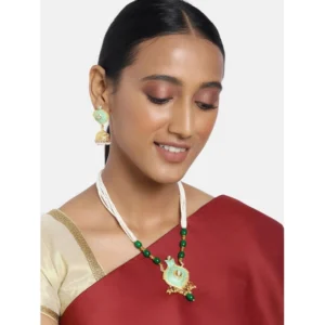 Generic Women's Rose Gold Plated Alloy Necklace & Earings Set (Green)
