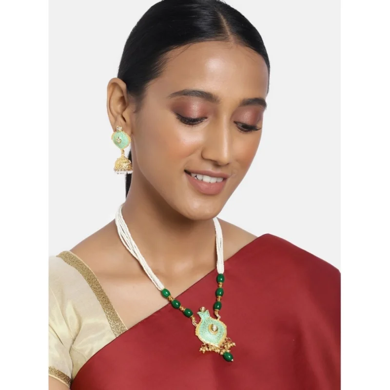 Generic Women's Rose Gold Plated Alloy Necklace & Earings Set (Green)