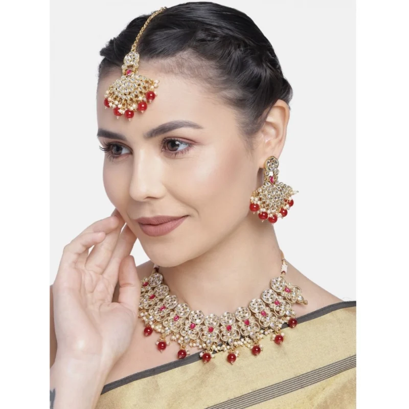 Generic Women's Rose Gold Plated Alloy Necklace & Earings Set (Red)
