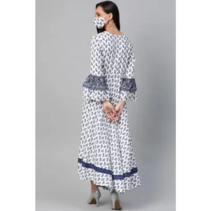 Generic Women's Casual Bell Sleeve Floral Printed Rayon Dress (White & Blue)