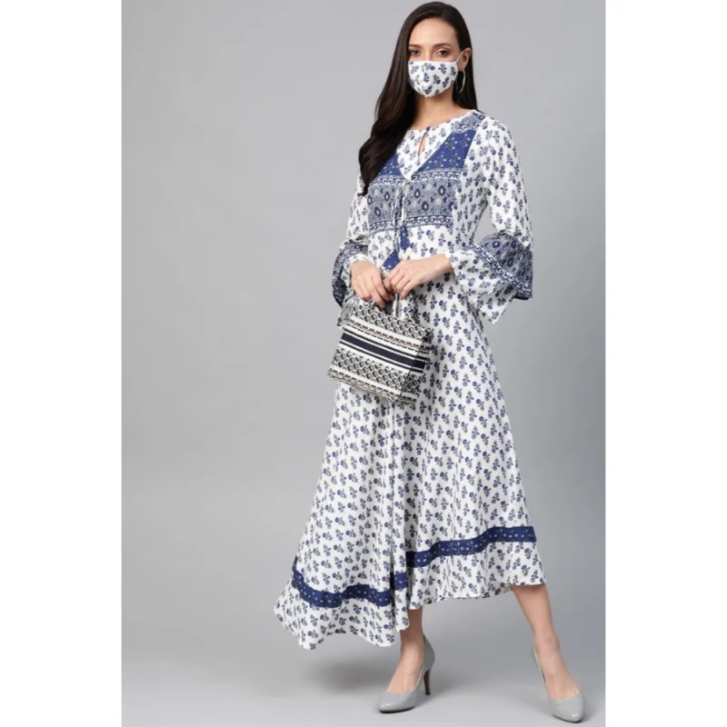 Generic Women's Casual Bell Sleeve Floral Printed Rayon Dress (White & Blue)