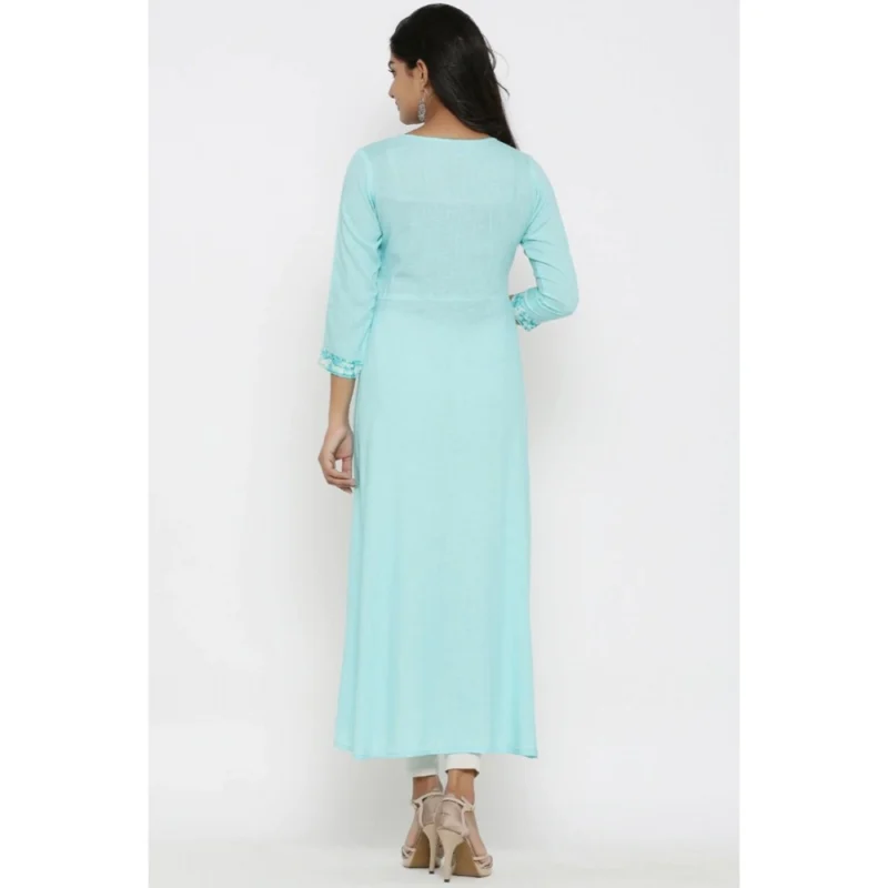 Generic Women's Casual 3/4 th Sleeve Embroidery Rayon Kurti (Sky Blue)