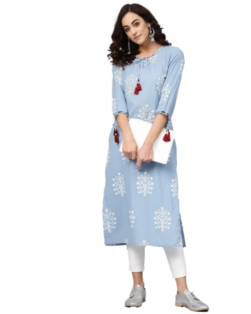 Generic Women's Casual 3/4 th Sleeve Embroidery Cambric Cotton Kurti (Blue)