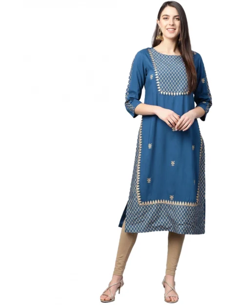 Generic Women's Casual 3/4 th Sleeve Floral Printed Rayon Kurti (Blue)