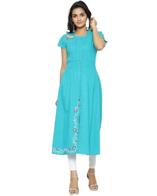 Generic Women's Casual Short Sleeve Embroidery Cotton Slub Kurti (Torque Green)