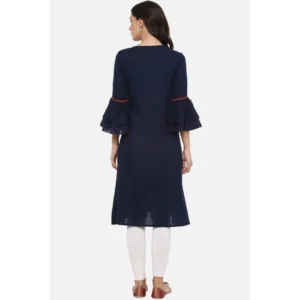 Generic Women's Casual Bell Sleeves Solid Cotton Slub Kurti (Blue)