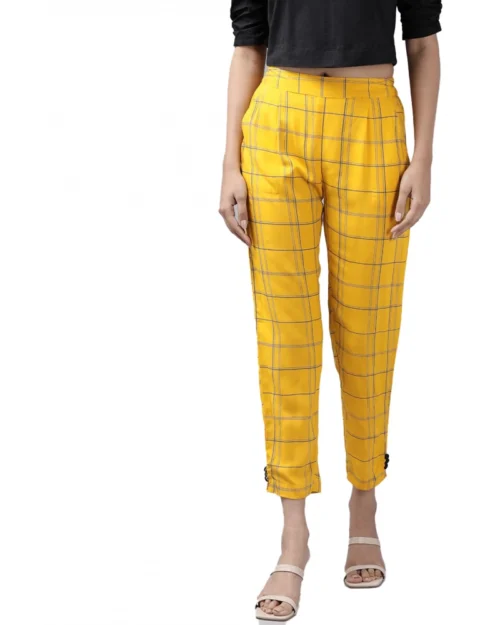 Generic Women's Casual Checked Rayon Trouser Pant (Yellow)