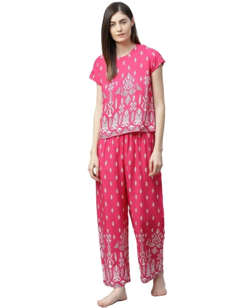 Generic Women's Casual Short Sleeve Printed Rayon Pajama Set (Pink)