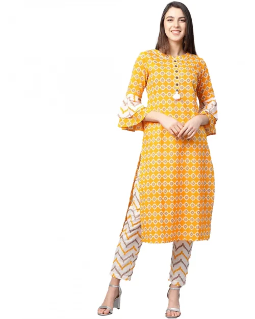 Generic Women's Casual 3/4 th Sleeve Floral Printed Cotton Kurti Set (Mustard)