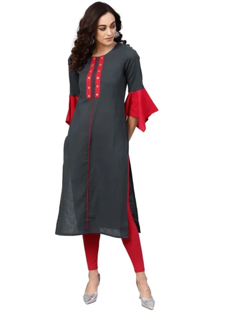 Generic Women's Casual Bell Sleeves Mirror Work Cotton Slub Kurti (Grey)