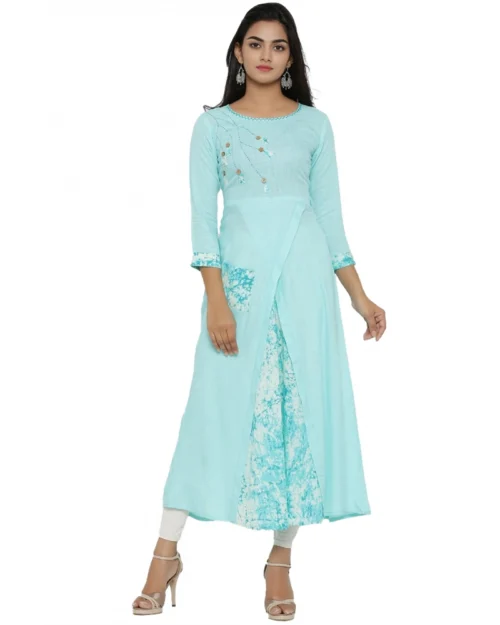 Generic Women's Casual 3/4 th Sleeve Embroidery Rayon Kurti (Sky Blue)