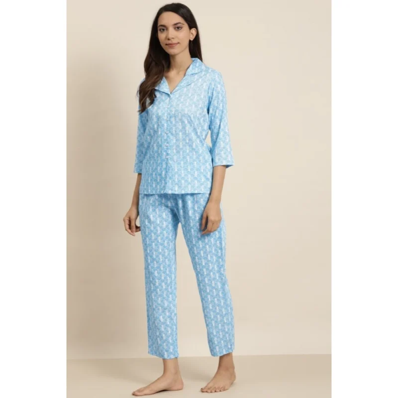 53590811508_6948c265be_o_d-1000x1000-1.webp Generic Women's Casual 3/4 th Sleeve Floral Printed Rayon Shirt With Pyjama Pant Night Suit Set (Blue)