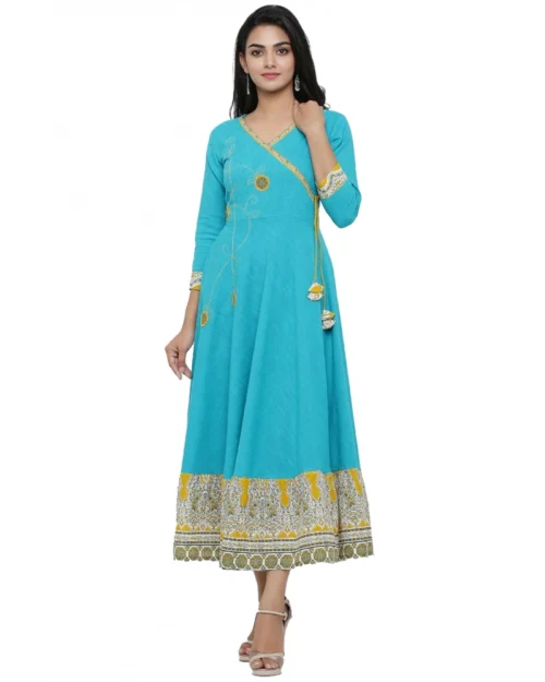 Generic Women's Casual 3/4 th Sleeve Embroidery Cotton Blend Kurti (Torque Green)