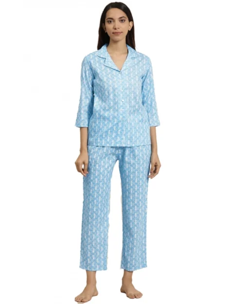 Generic Women's Casual 3/4 th Sleeve Floral Printed Rayon Shirt With Pyjama Pant Night Suit Set (Blue)