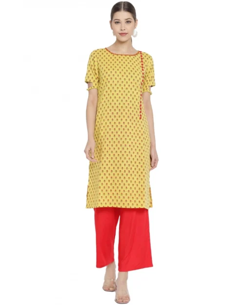Generic Women's Casual Short Sleeves Floral Printed Cotton & Rayon Kurti Palazzo Set (Yellow & Red)