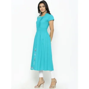 Generic Women's Casual Short Sleeve Embroidery Cotton Slub Kurti (Torque Green)