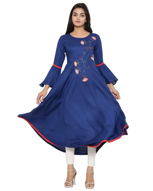 Generic Women's Casual Bell Sleeves Embroidery Rayon Kurti (Blue)