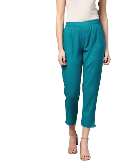 Generic Women's Casual Solid Cotton Slub Trouser Pant (Rama Blue)