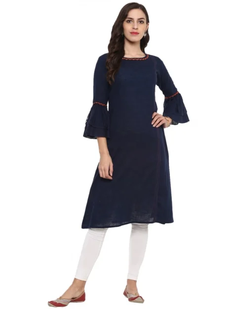 Generic Women's Casual Bell Sleeves Solid Cotton Slub Kurti (Blue)