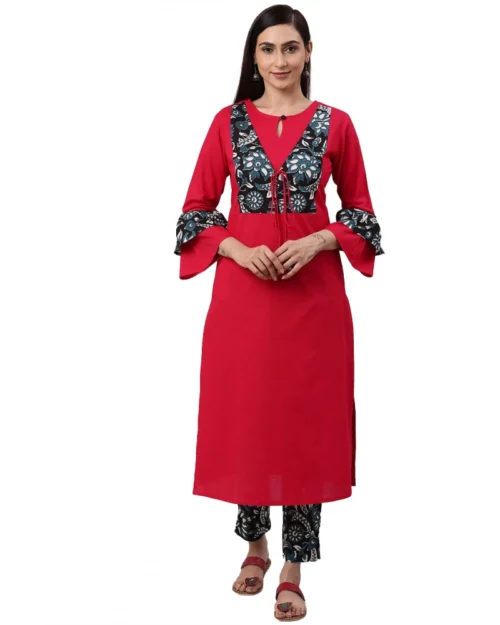 Generic Women's Casual Bell Sleeves Floral Printed Cotton Kurti Set (Rani Pink)