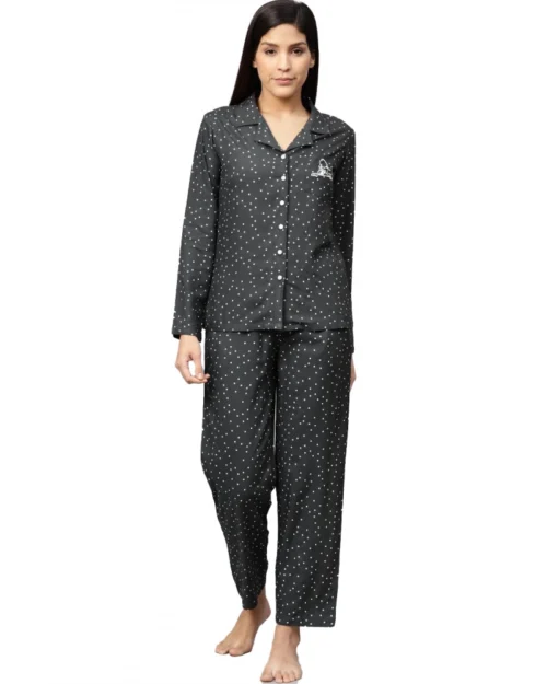 Generic Women's Casual Full Sleeves Polka Dot Printed Rayon Shirt With Pyjama Pant Night Suit Set (Grey)