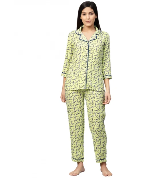 Generic Women's Casual 3/4 Sleeve Floral Printed Rayon Shirt With Pyjama Pant Night Suit Set (Green)