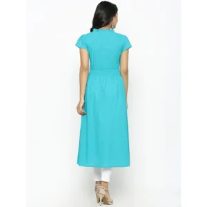 Generic Women's Casual Short Sleeve Embroidery Cotton Slub Kurti (Torque Green)
