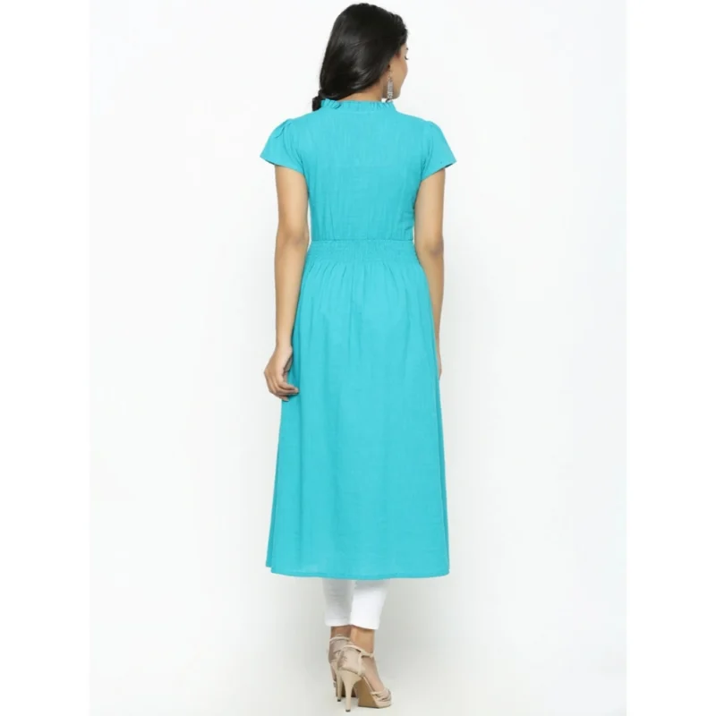 Generic Women's Casual Short Sleeve Embroidery Cotton Slub Kurti (Torque Green)