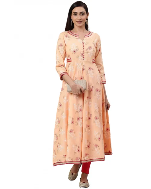 Generic Women's Casual 3/4 th Sleeve Floral Printed Rayon Kurti (Peach)