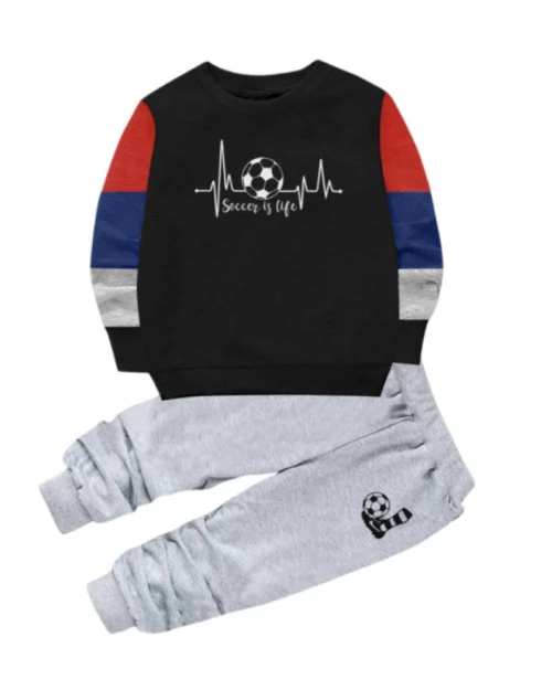 Generic Boy's Casual Full Sleeve Printed Cotton T Shirt With Pant (Black)