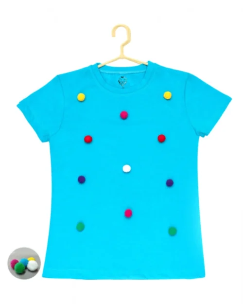 Generic Girl's Casual Short Sleeve Pom Pom Balls Cotton T Shirt (Blue)