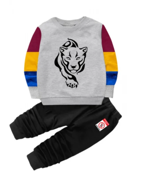 Generic Boy's Casual Full Sleeve Printed Cotton T Shirt With Pant (Grey)