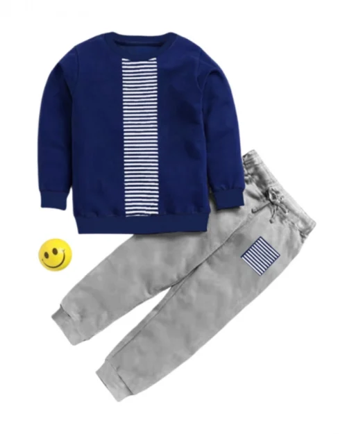 Generic Boy's Casual Full Sleeve Printed Cotton T Shirt With Pant (Navy Blue)