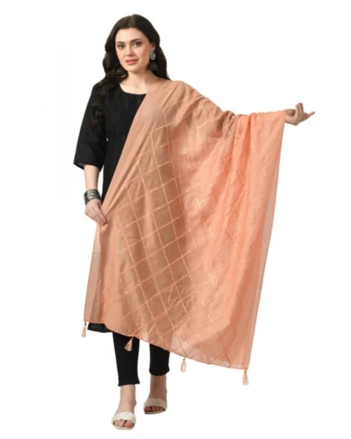 Generic Women's Chanderi Self Design Dupatta (Peach, Length: Free Size)
