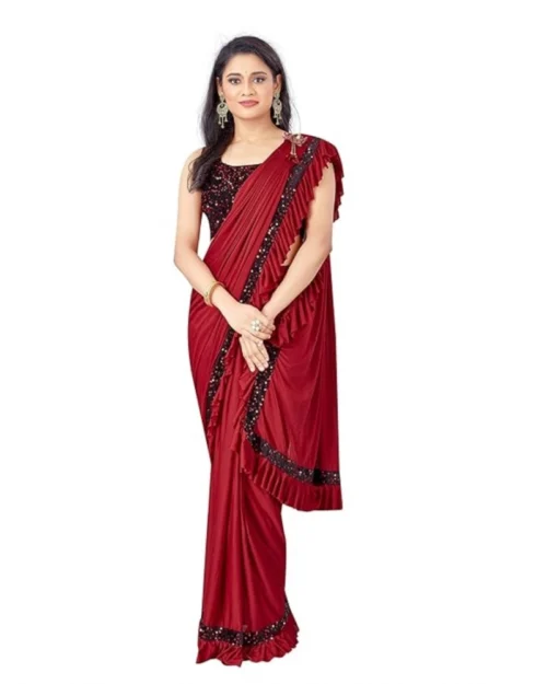Generic Women's Lycra Solid Saree With Unstitched Blouse (Red, 5.5 Mtr)