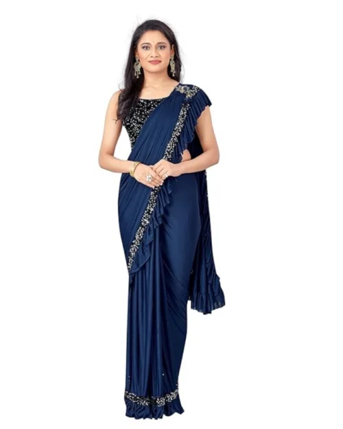 Generic Women's Lycra Solid Saree With Unstitched Blouse (Nay Blue, 5.5 Mtr)
