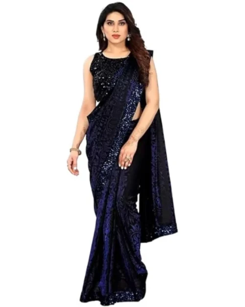 Generic Women's Lycra Floral Saree With Unstitched Blouse (Blue, 5.5 Mtr)