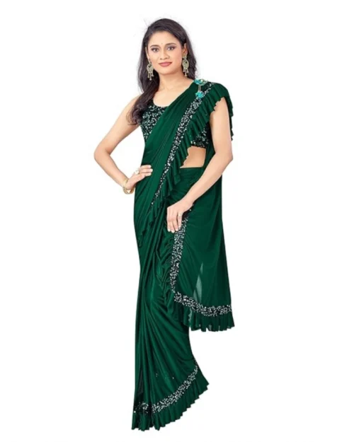 Generic Women's Lycra Solid Saree With Unstitched Blouse (Green, 5.5 Mtr)