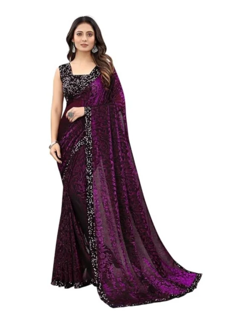 Generic Women's Lycra Floral Saree With Unstitched Blouse (Wine, 5.5 Mtr)