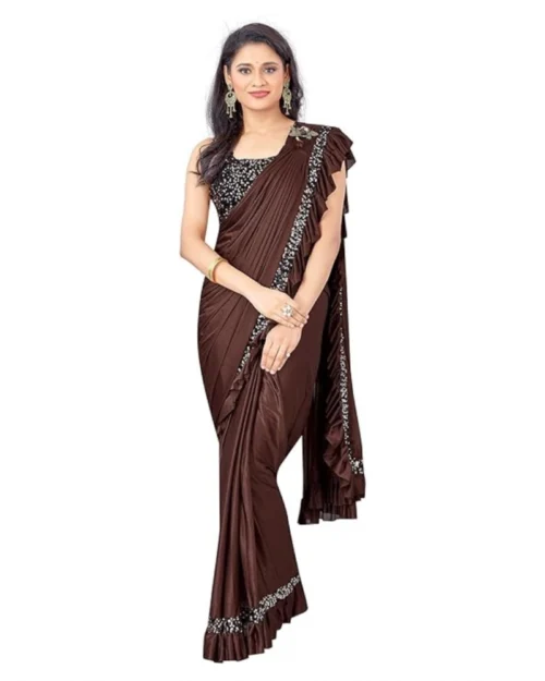 Generic Women's Lycra Solid Saree With Unstitched Blouse (Brown, 5.5 Mtr)
