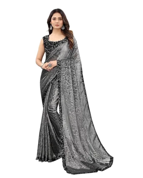 Generic Women's Lycra Floral Saree With Unstitched Blouse (Grey, 5.5 Mtr)
