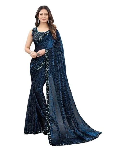 Generic Women's Lycra Floral Saree With Unstitched Blouse (Blue, 5.5 Mtr)
