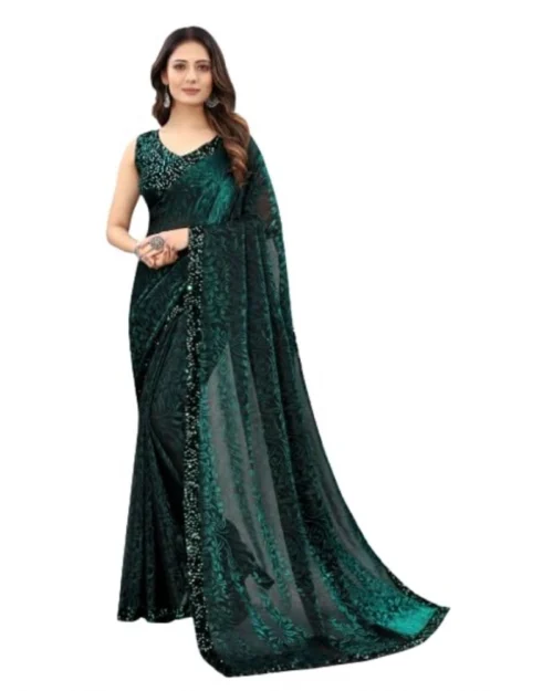Generic Women's Lycra Floral Saree With Unstitched Blouse (Green, 5.5 Mtr)