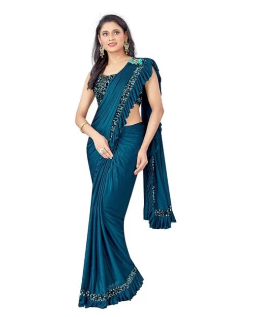 Generic Women's Lycra Solid Saree With Unstitched Blouse (Rama, 5.5 Mtr)