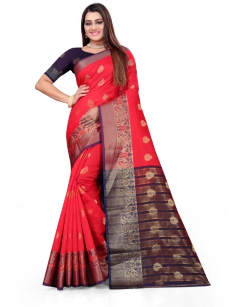 Generic Women's Silk Blend Woven Saree With Unstitched Blouse 5.5Mtr (Red)