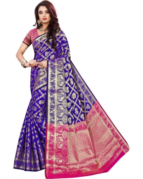 Generic Women's Jacquard Woven Saree With Unstitched Blouse 5.5Mtr (Blue)