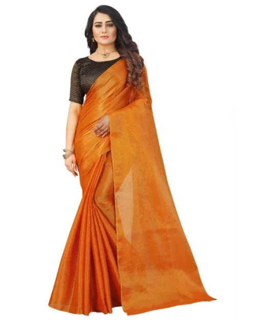 Generic Women's Cotton Silk Self Design Saree With Unstitched Blouse 5.5Mtr (Orange)
