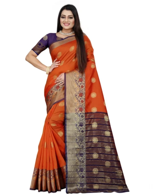 Generic Women's Silk Blend Woven Saree With Unstitched Blouse 5.5Mtr (Blue-Orange)